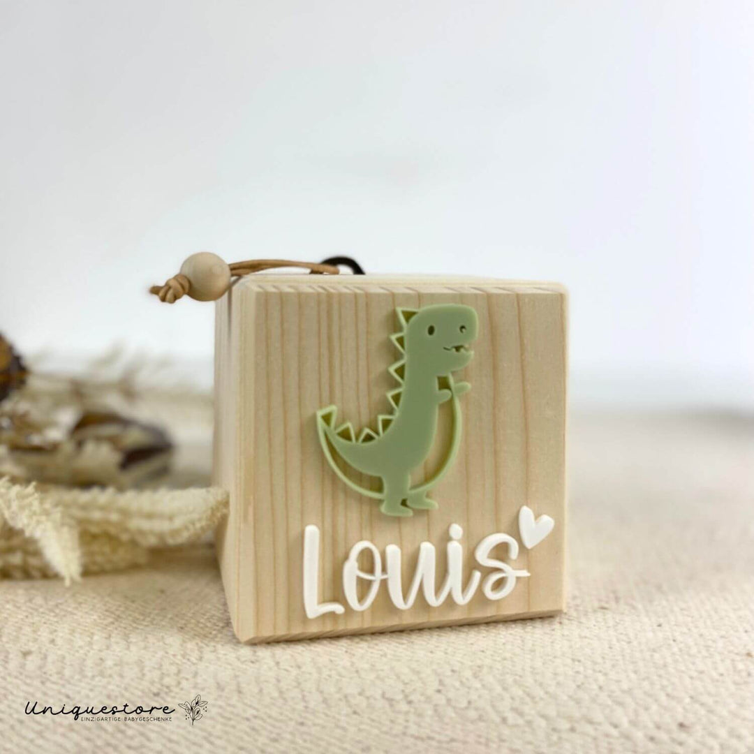 Spardose aus Holz mit Namen und Dino aus Acrylglas– personalisiertes Geschenk für Kinder